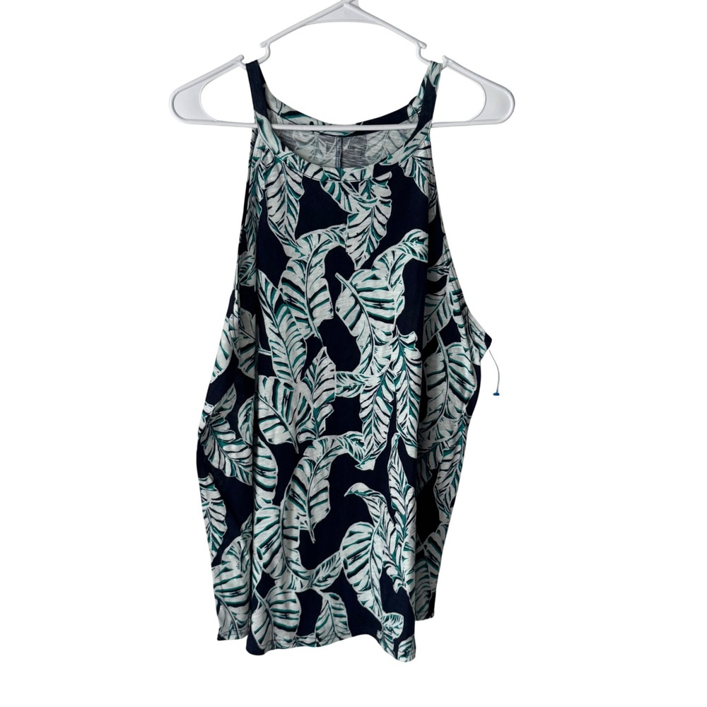 Gap Womens XL Navy Blue Tropical Palm Leaf High Neck Sleeveless Tank Top